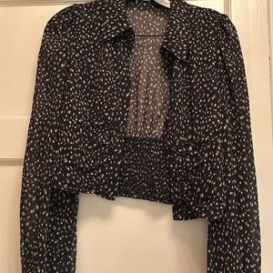 ASTR The Label Black Taupe Geo Print Ruched Blouse‎